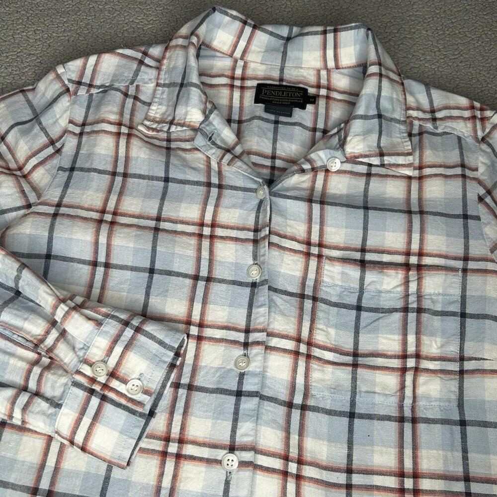 Pendleton Shirt Womens M Blue Plaid Linen Cotton Button Up Casual Lightweight